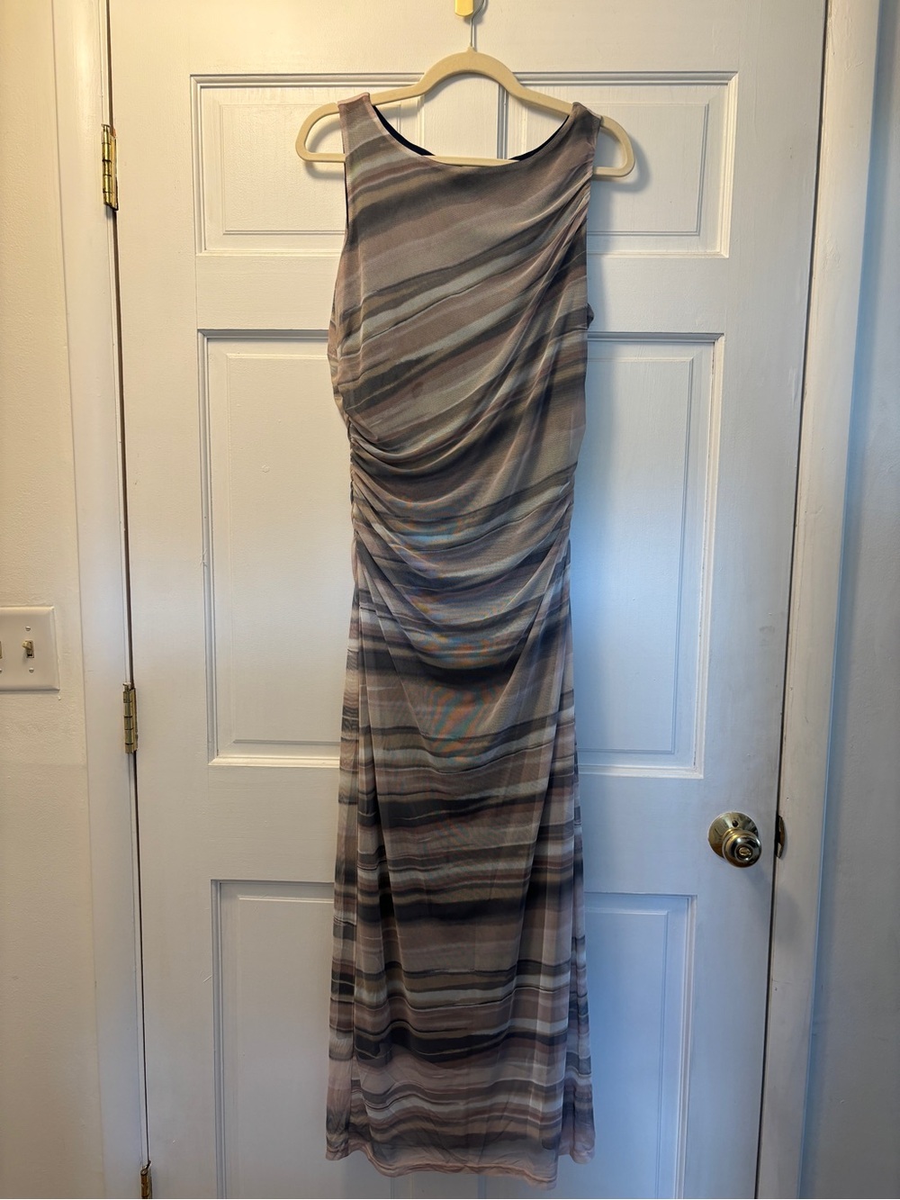Nicole Miller Meshed Striped Ruched Midi Dress in Taupe and Gray